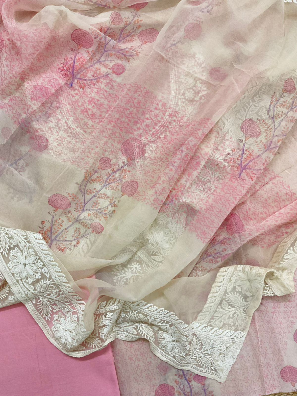 Pure Georgette Printed Embroidered Suit - Pink