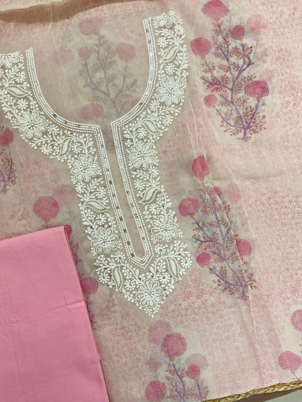 Pure Georgette Printed Embroidered Suit - Pink