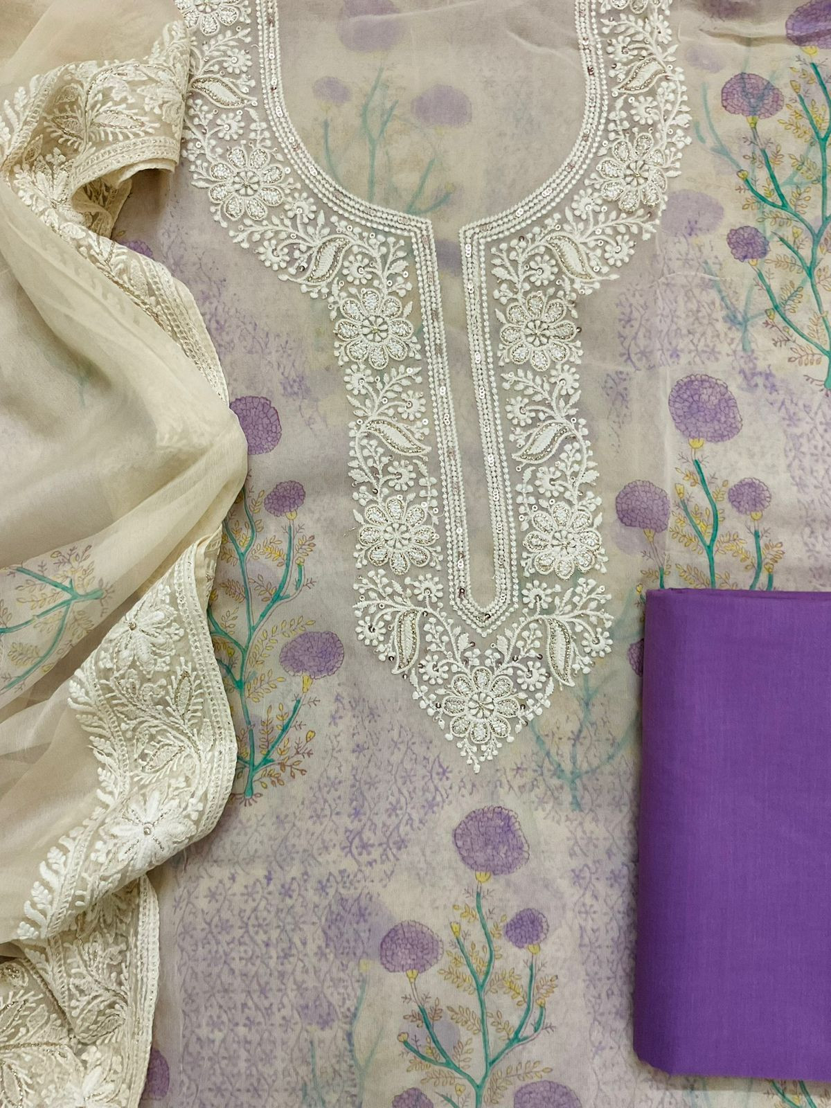 Pure Georgette Printed Embroidered Suit - Lavender