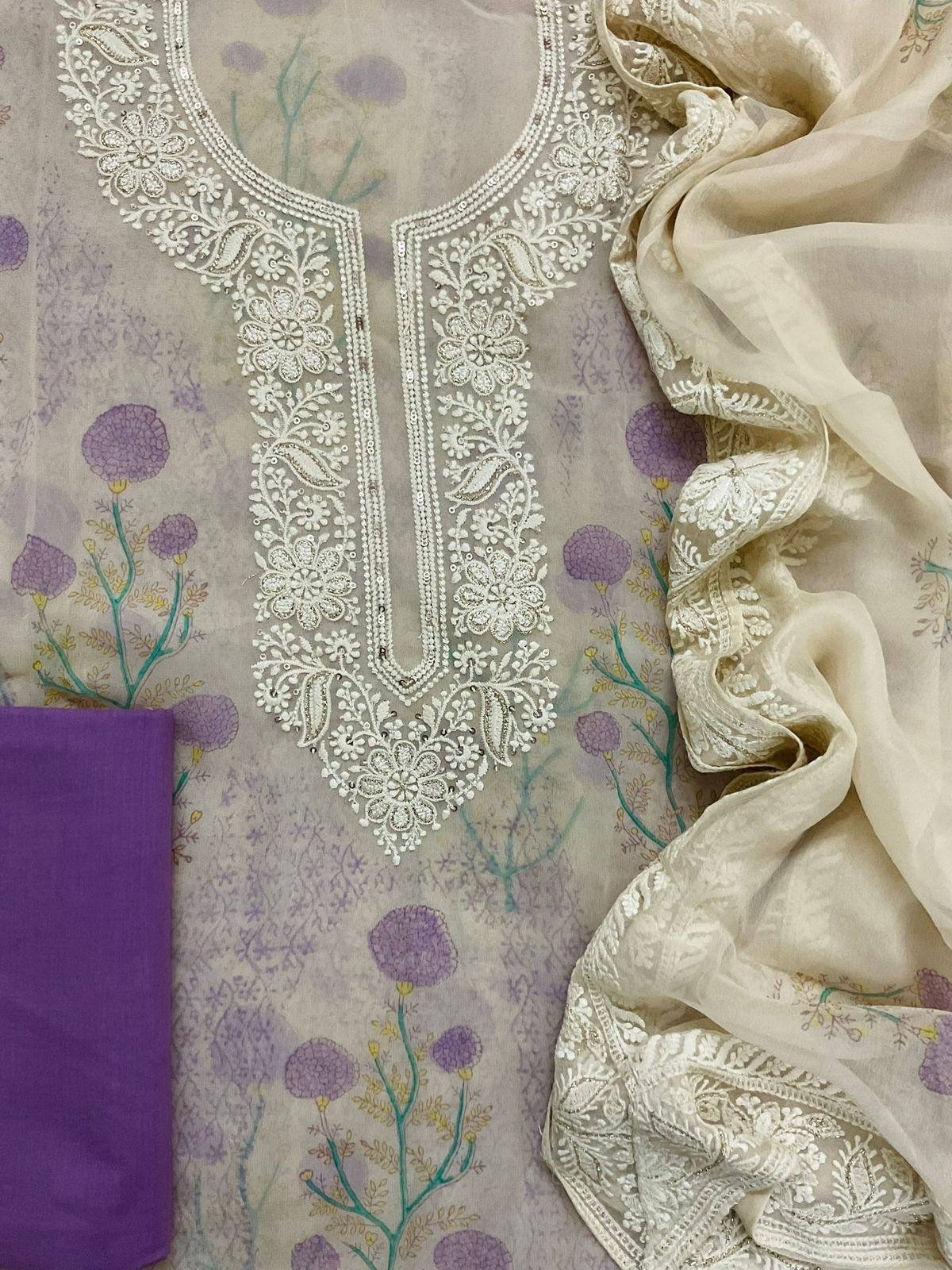 Pure Georgette Printed Embroidered Suit - Lavender