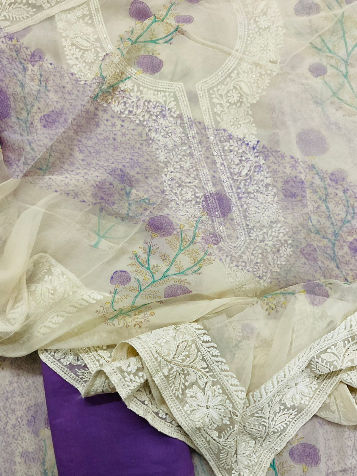 Pure Georgette Printed Embroidered Suit - Lavender