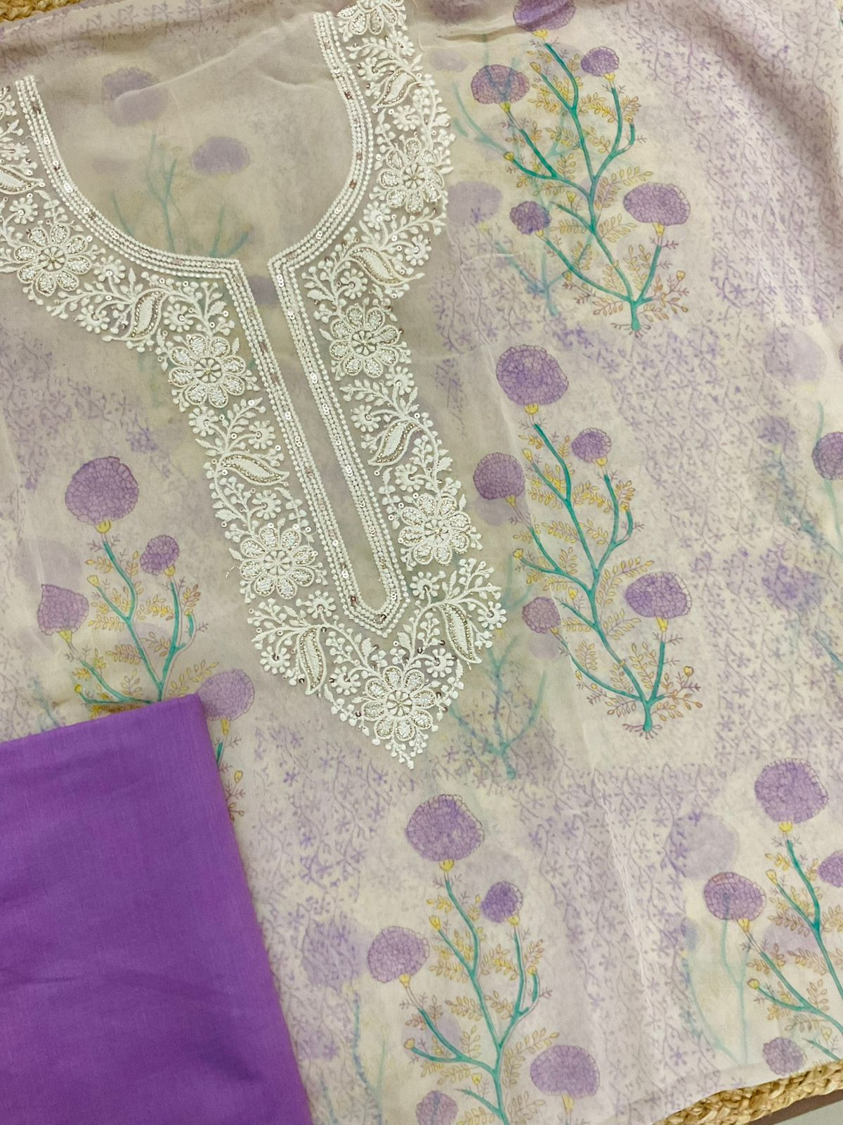 Pure Georgette Printed Embroidered Suit - Lavender