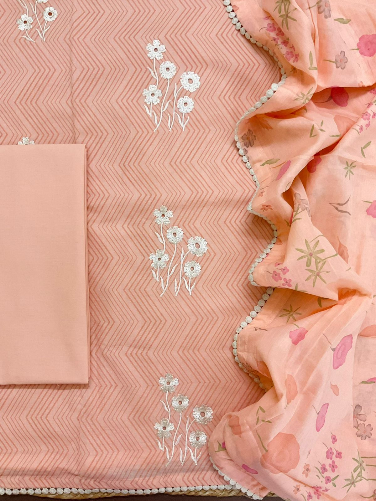 Pure Cotton Printed Embroidered Suit - Peach