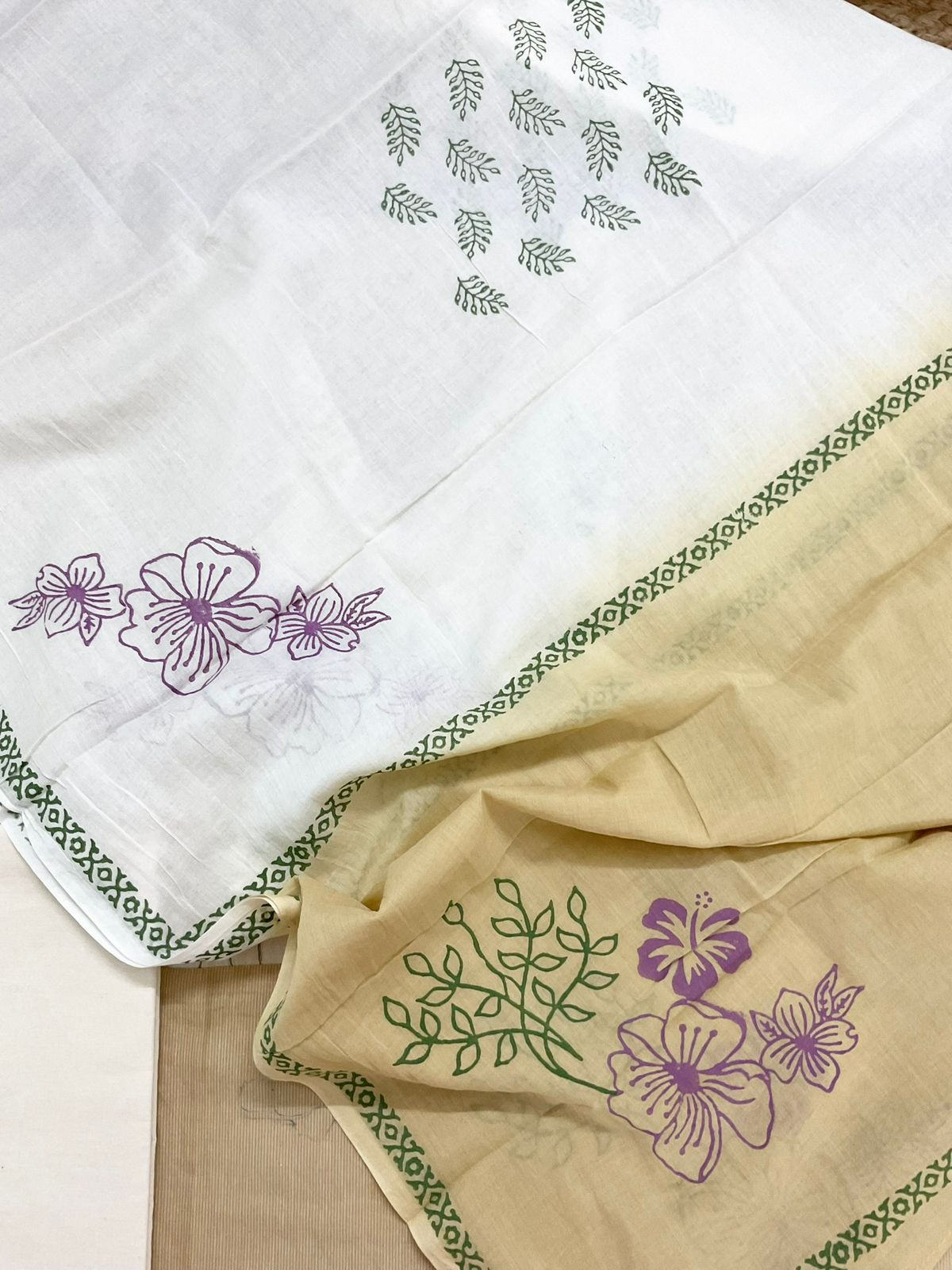 Pure Handloom Cotton Self Weaved Printed Embroidered Suit - Beige