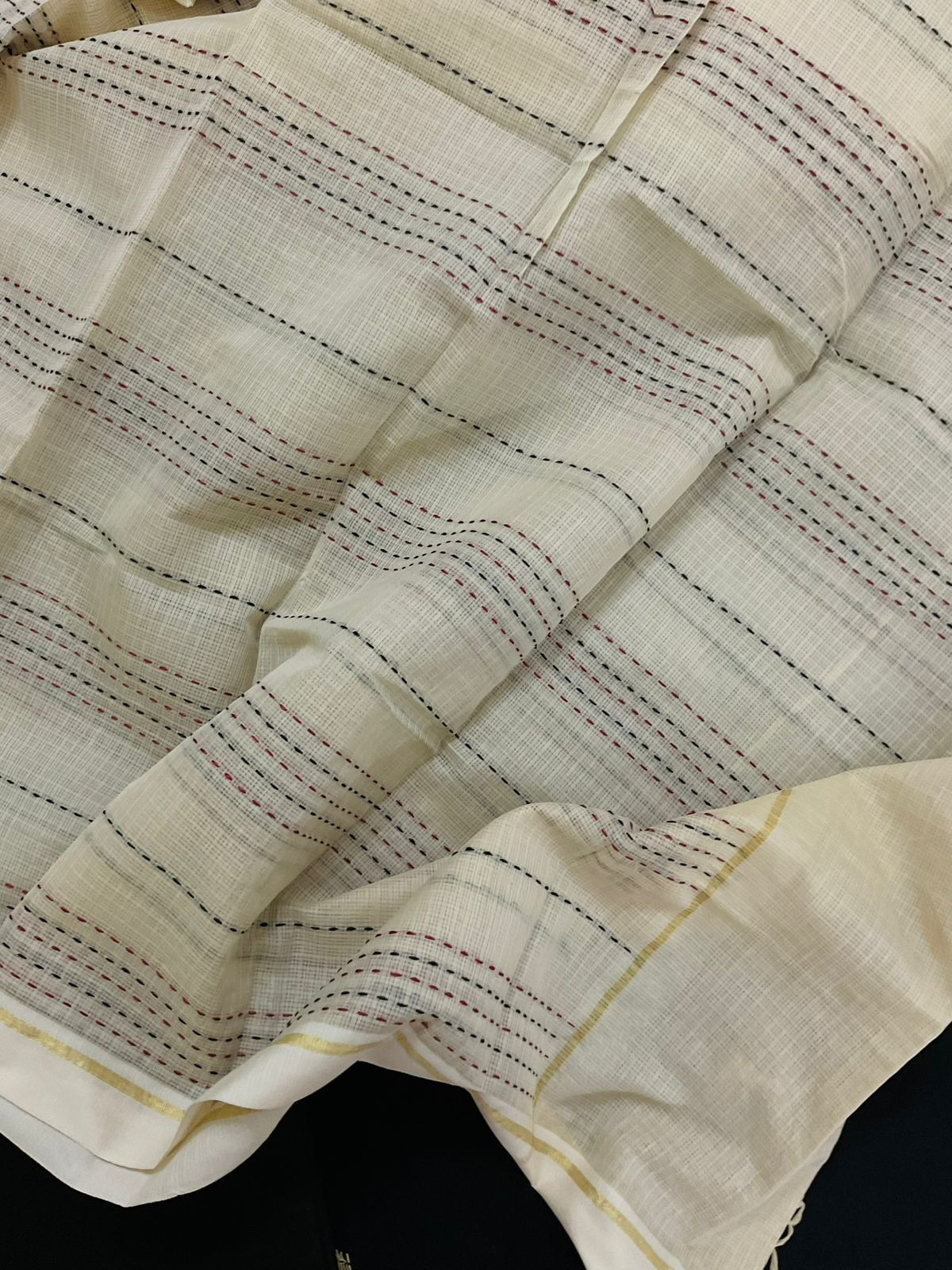 Pure Handloom Cotton Self Weaved Embroidered Suit - Black