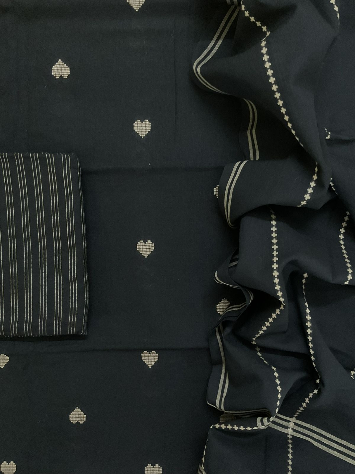 Pure Handloom Cotton Self Weaved Suit - Black