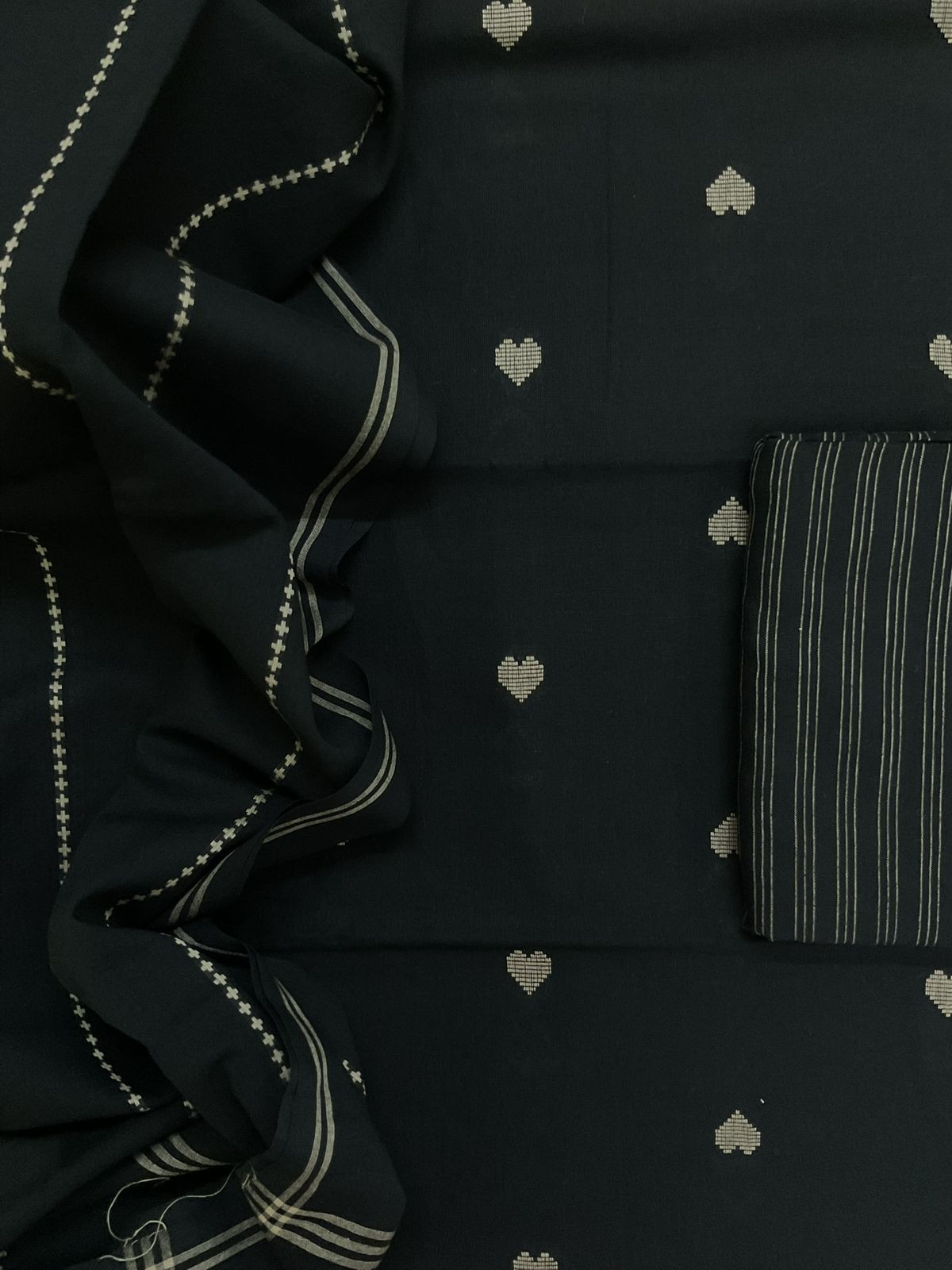 Pure Handloom Cotton Self Weaved Suit - Black