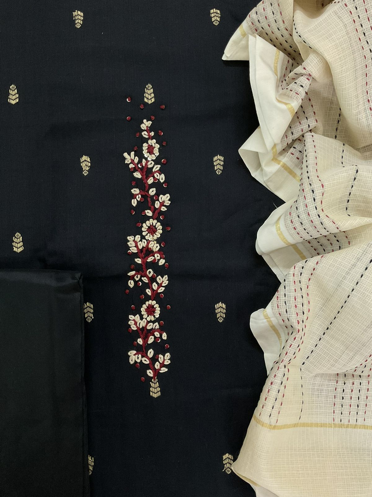 Pure Handloom Cotton Self Weaved Embroidered Suit - Black