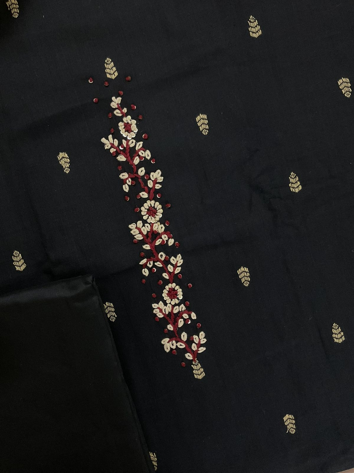 Pure Handloom Cotton Self Weaved Embroidered Suit - Black