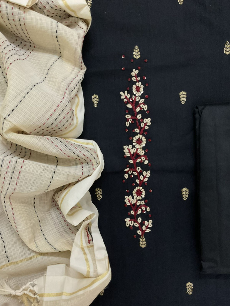 Image of Pure Handloom Cotton Self Weaved Embroidered Suit - Black