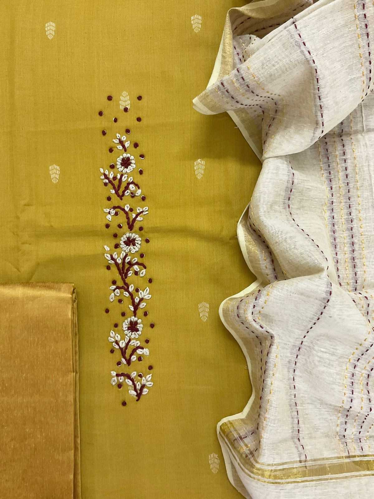 Pure Handloom Cotton Self Weaved Embroidered Suit - Yellow