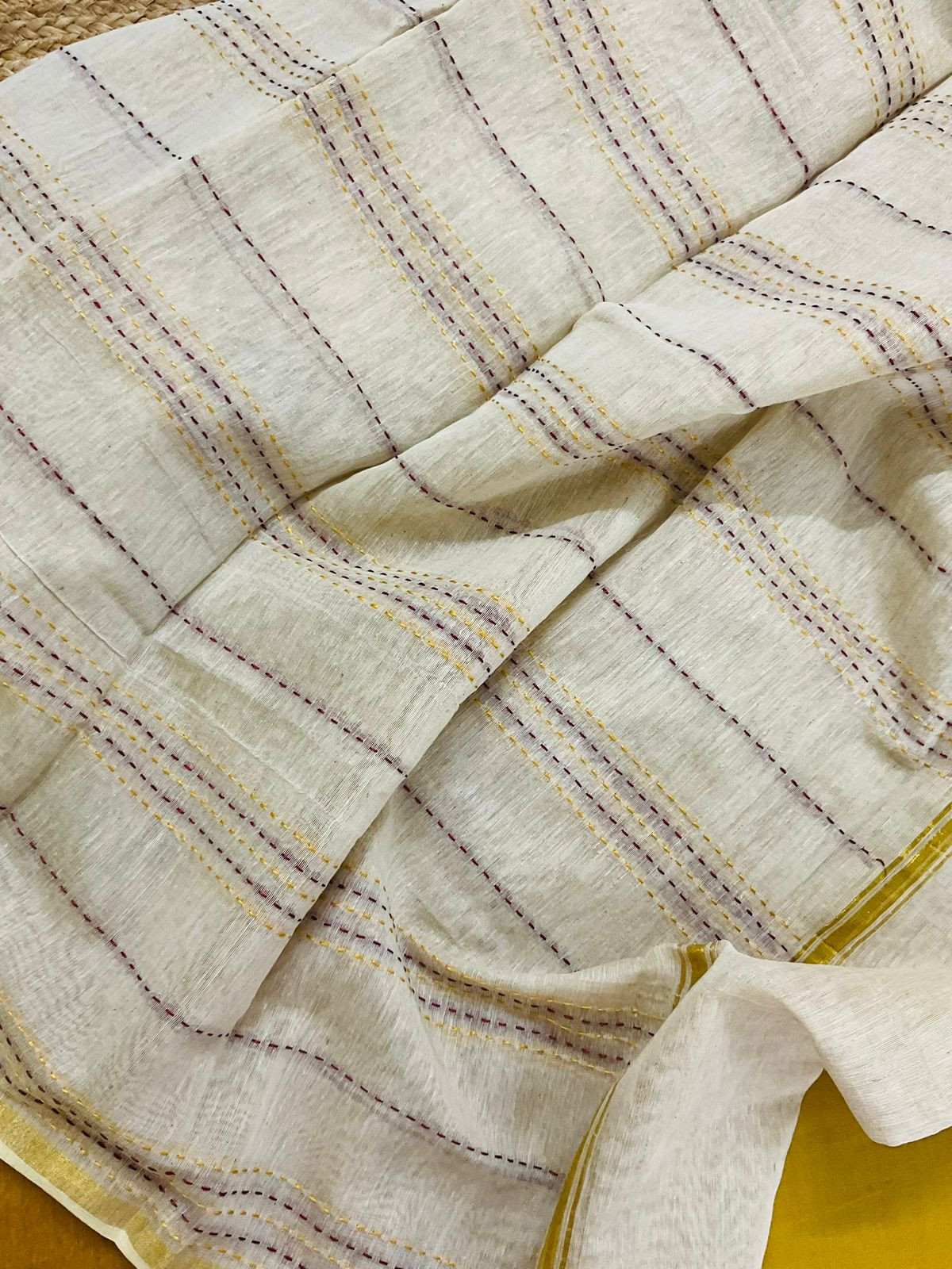 Pure Handloom Cotton Self Weaved Embroidered Suit - Yellow