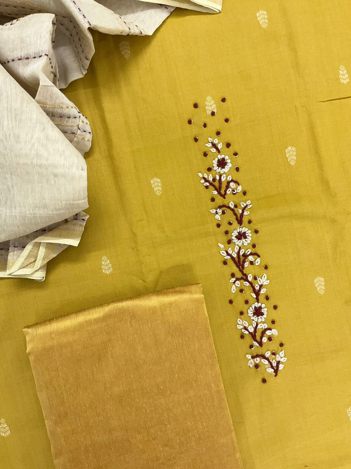 Pure Handloom Cotton Self Weaved Embroidered Suit - Yellow