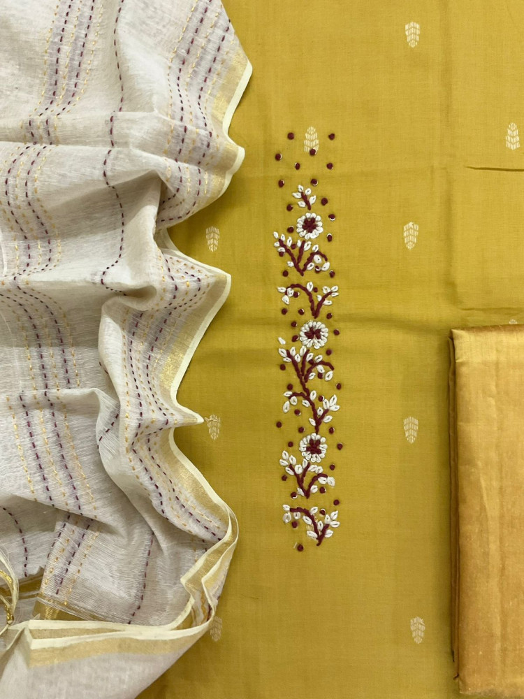 Image of Pure Handloom Cotton Self Weaved Embroidered Suit - Yellow