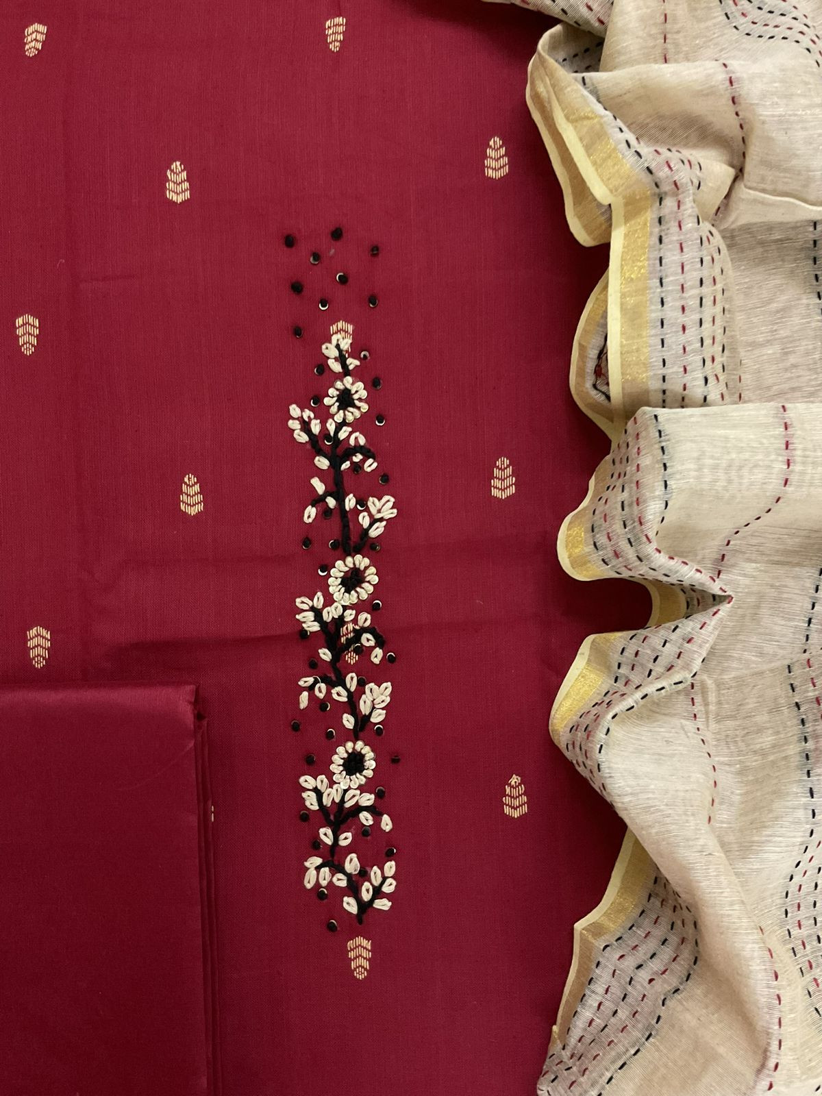 Pure Handloom Cotton Self Weaved Embroidered Suit - Maroon