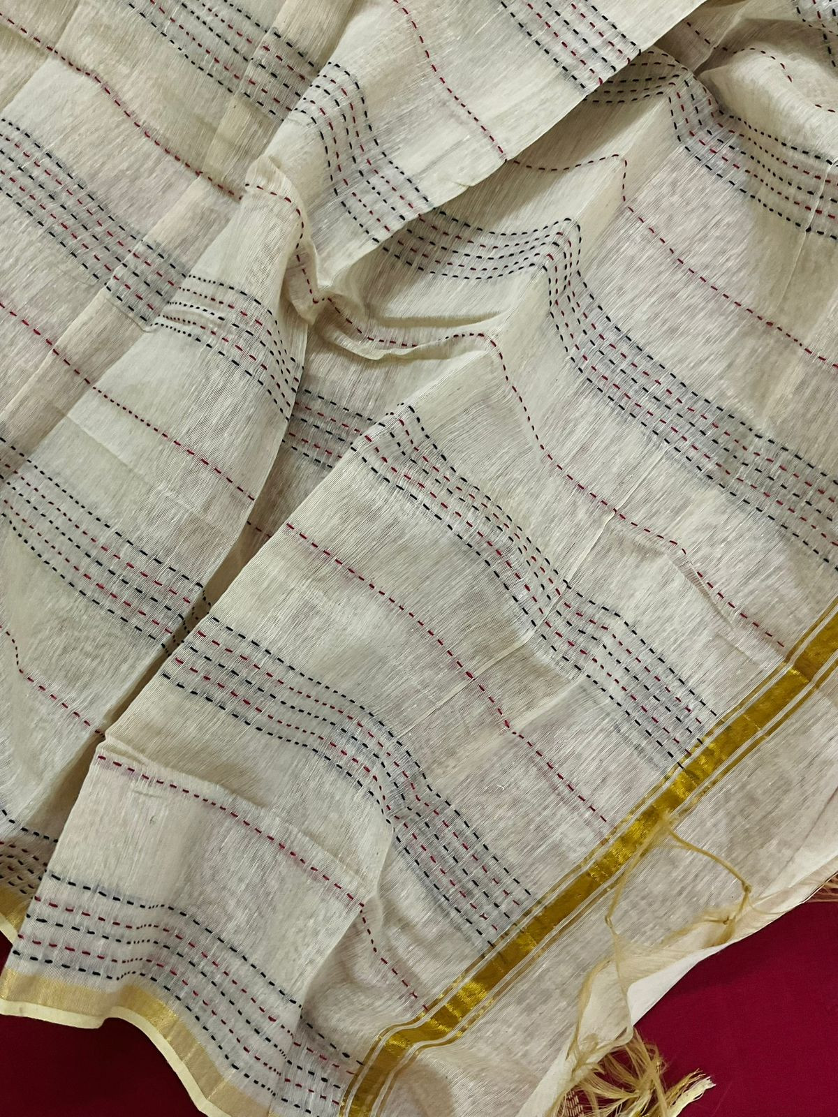 Pure Handloom Cotton Self Weaved Embroidered Suit - Maroon