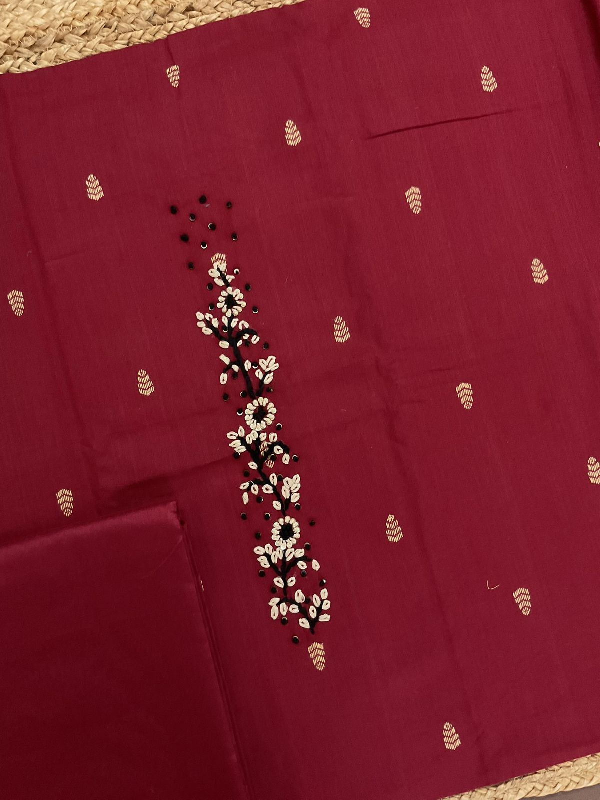Pure Handloom Cotton Self Weaved Embroidered Suit - Maroon