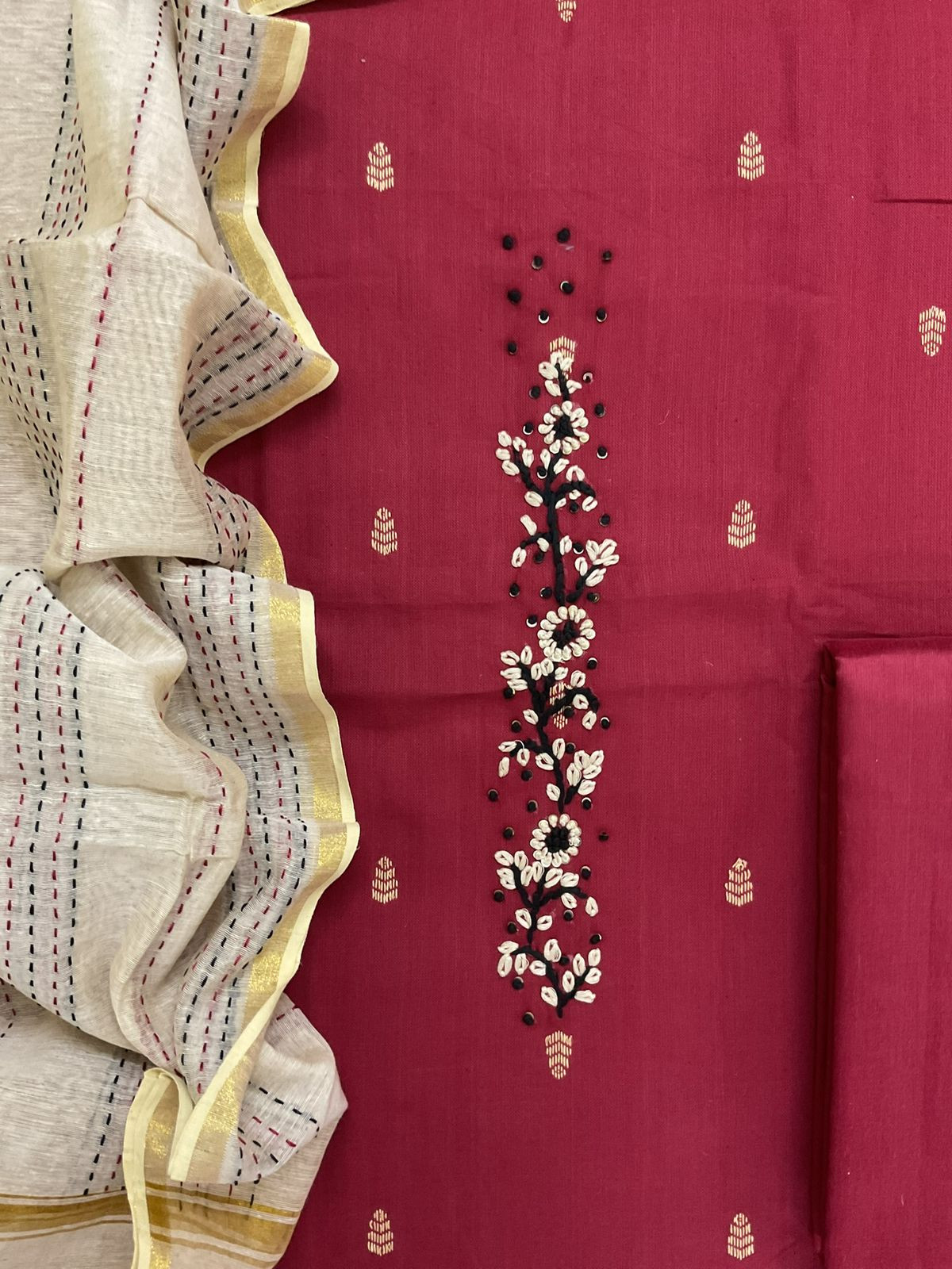 Pure Handloom Cotton Self Weaved Embroidered Suit - Maroon