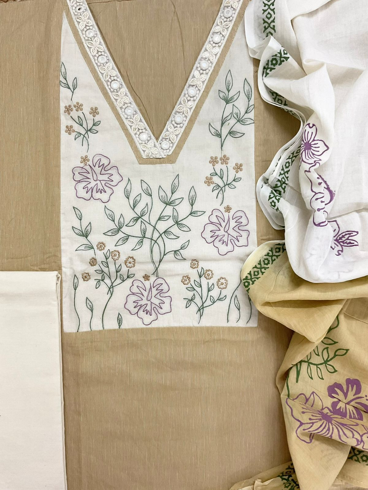 Pure Handloom Cotton Self Weaved Printed Embroidered Suit - Beige
