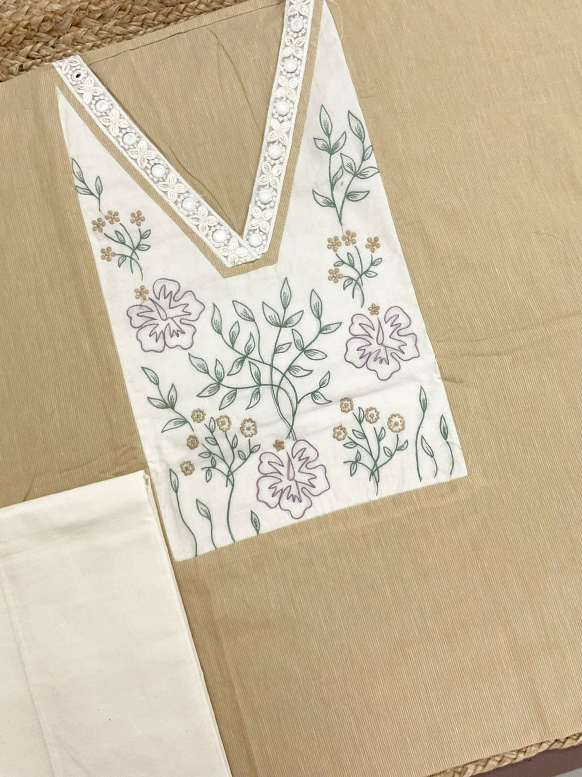 Pure Handloom Cotton Self Weaved Printed Embroidered Suit - Beige