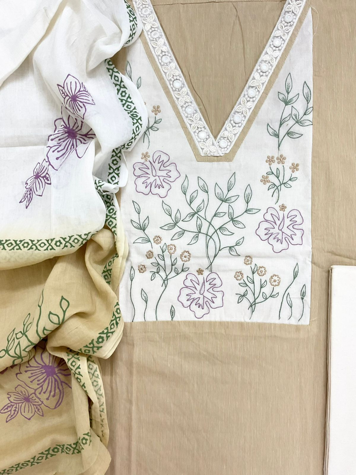 Pure Handloom Cotton Self Weaved Printed Embroidered Suit - Beige