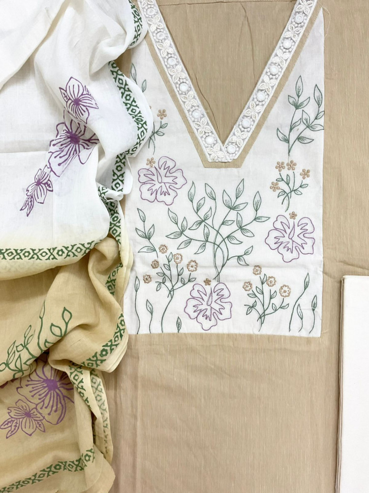 Image of Pure Handloom Cotton Self Weaved Printed Embroidered Suit - Beige