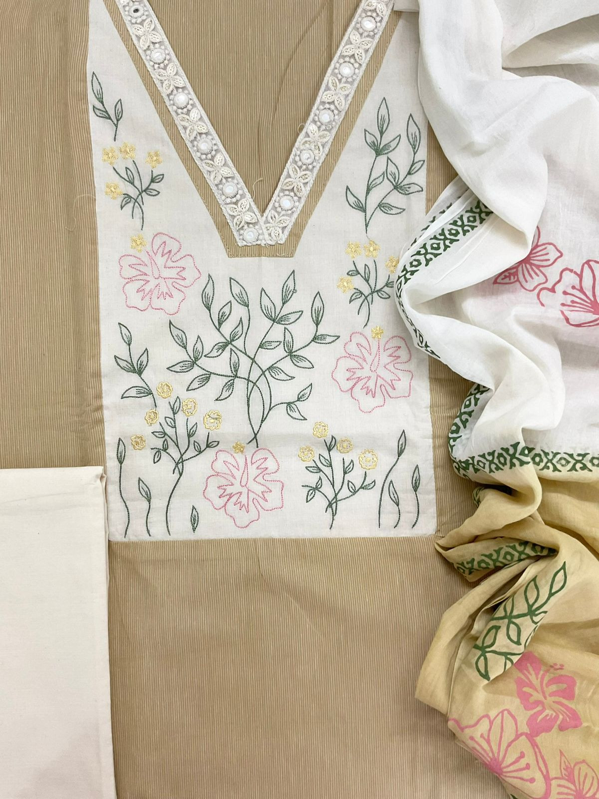 Pure Handloom Cotton Self Weaved Printed Embroidered Suit - Beige