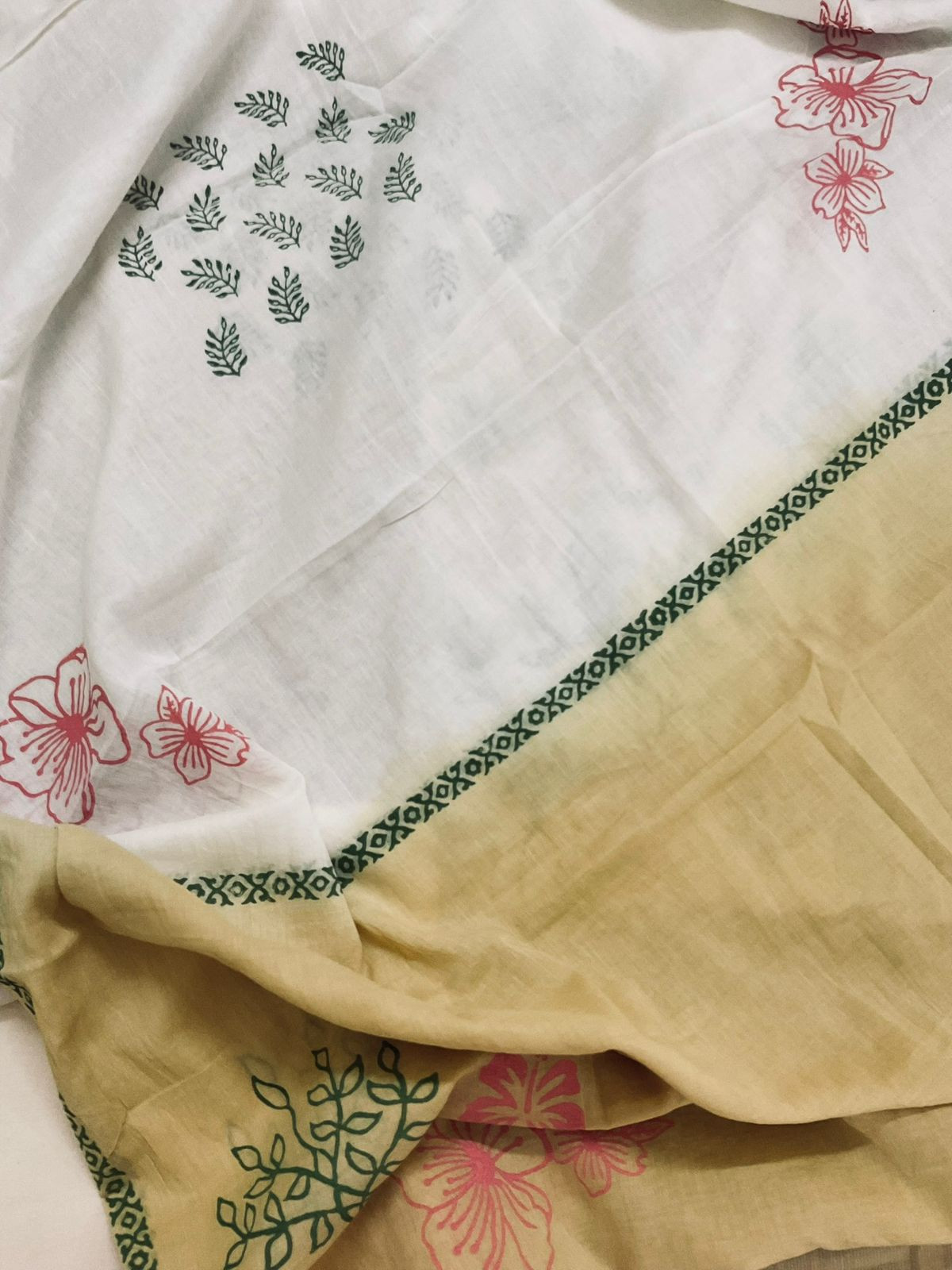 Pure Handloom Cotton Self Weaved Printed Embroidered Suit - Beige
