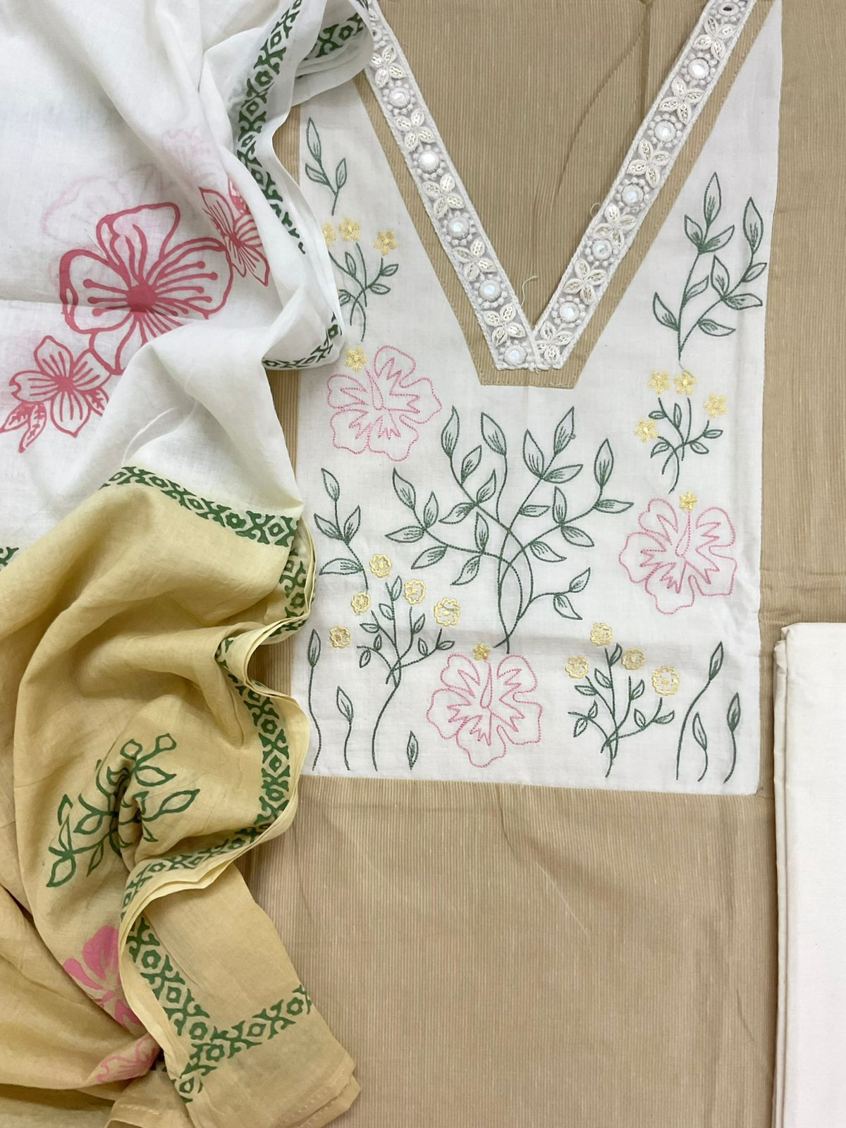 Pure Handloom Cotton Self Weaved Printed Embroidered Suit - Beige