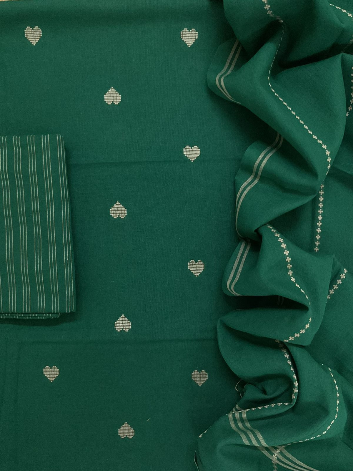 Pure Handloom Cotton Self Weaved Suit - Green