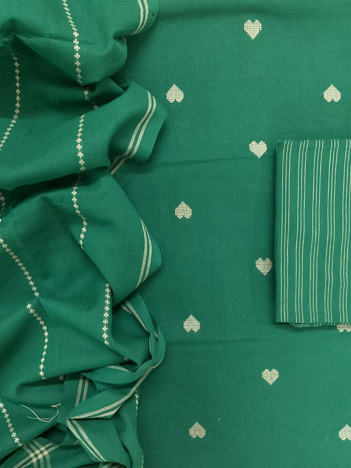 Pure Handloom Cotton Self Weaved Suit - Green