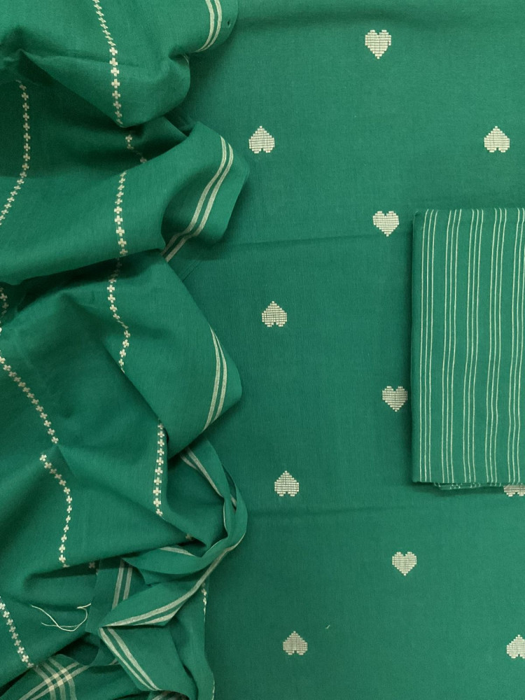 Image of Pure Handloom Cotton Self Weaved Suit - Green