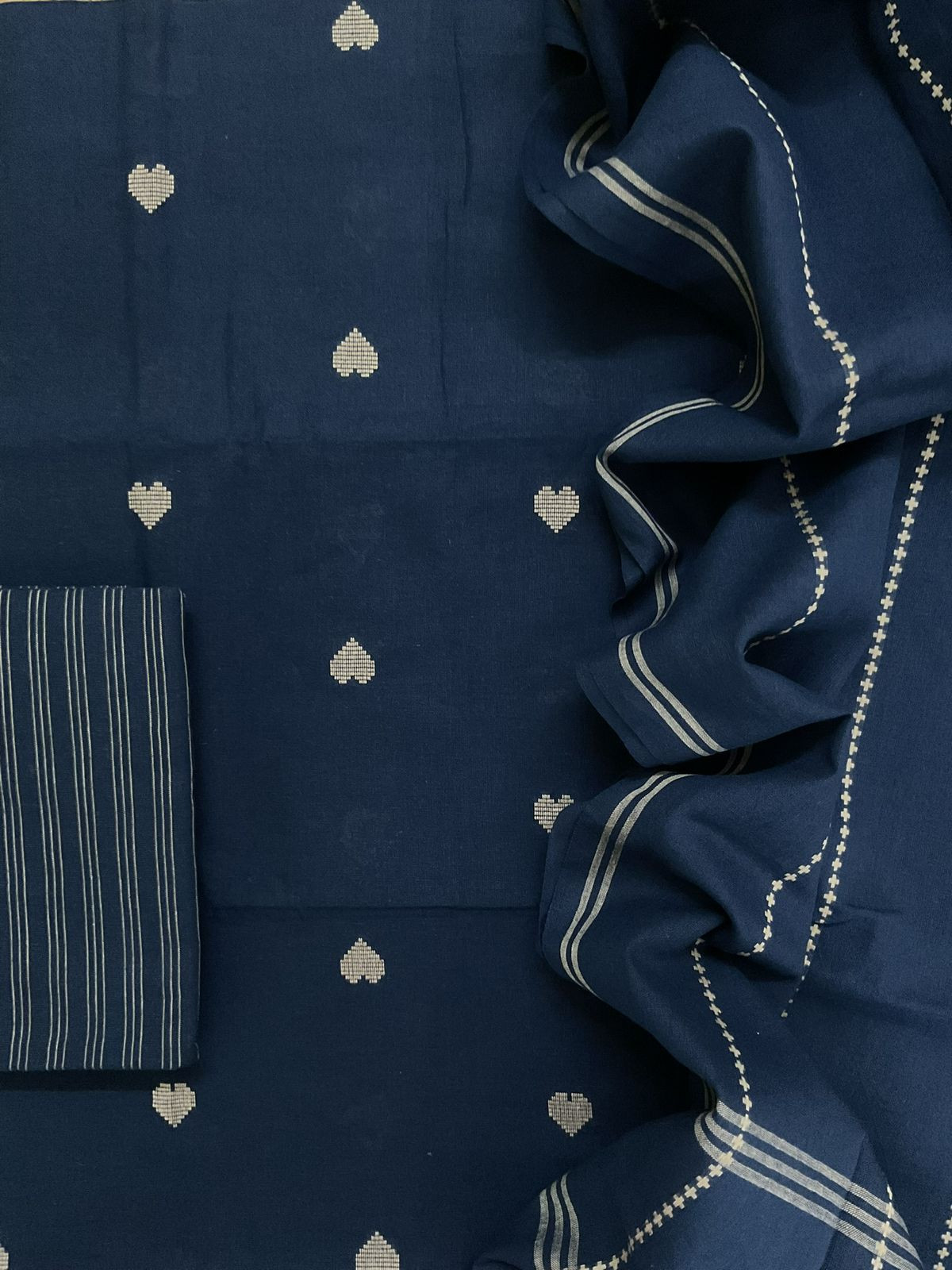 Pure Handloom Cotton Self Weaved Suit - Blue