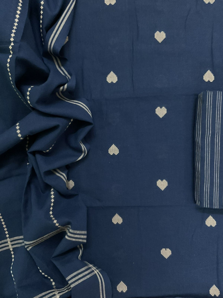 Image of Pure Handloom Cotton Self Weaved Suit - Blue