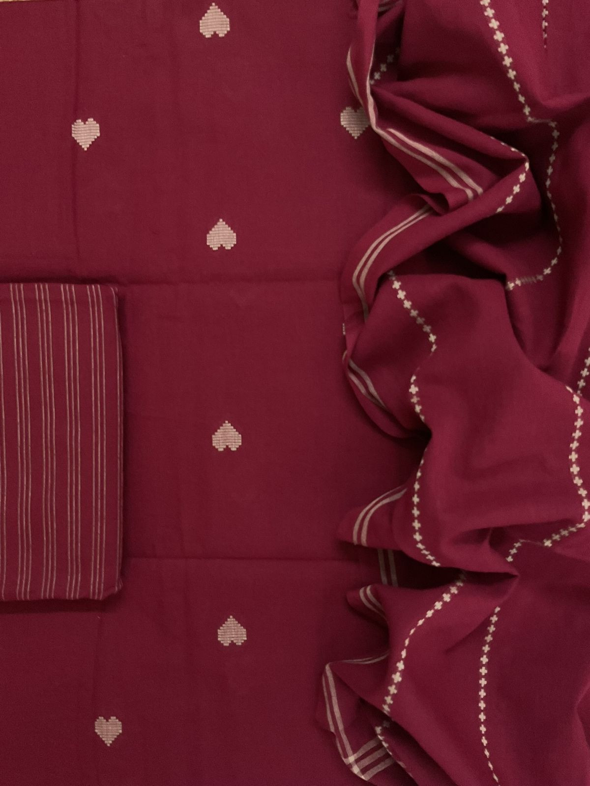 Pure Handloom Cotton Self Weaved Suit - Maroon