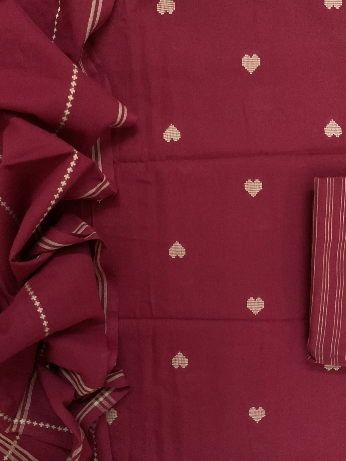 Pure Handloom Cotton Self Weaved Suit - Maroon