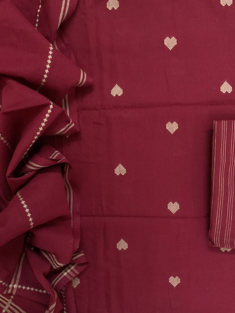 Image of Pure Handloom Cotton Self Weaved Suit - Maroon