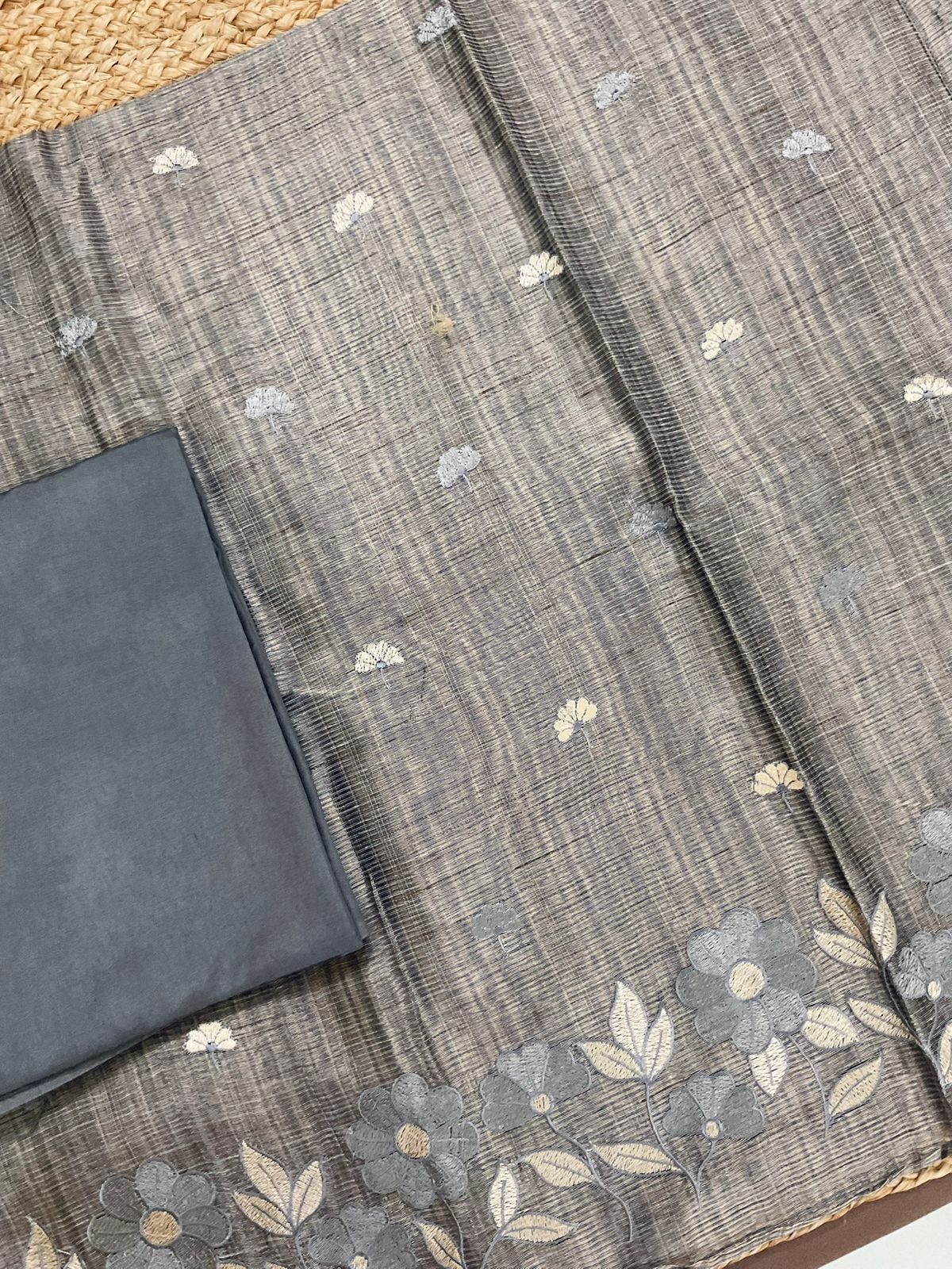 Soft Tissue Raw Silk Embroidered Suit - Grey