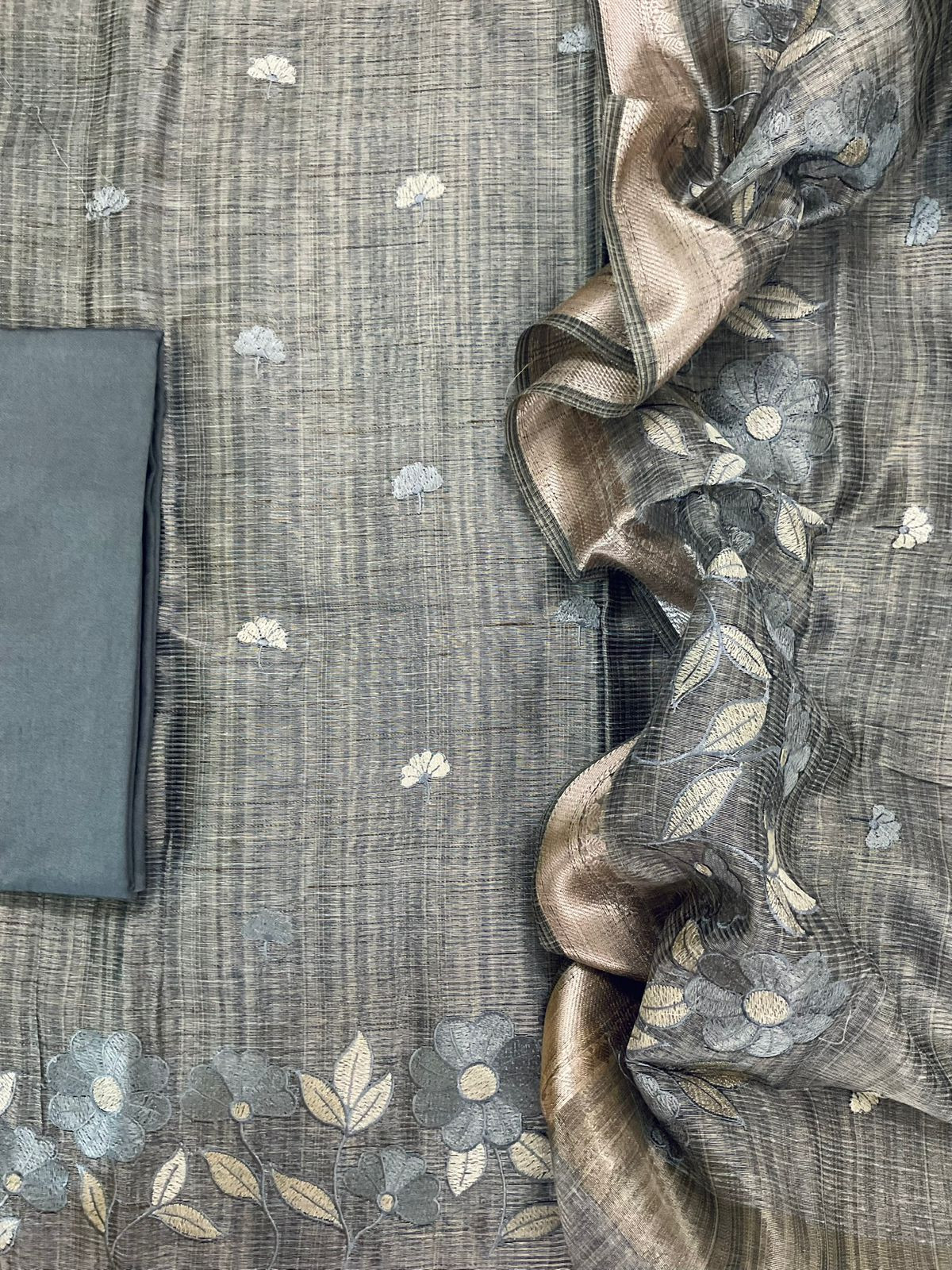 Soft Tissue Raw Silk Embroidered Suit - Grey