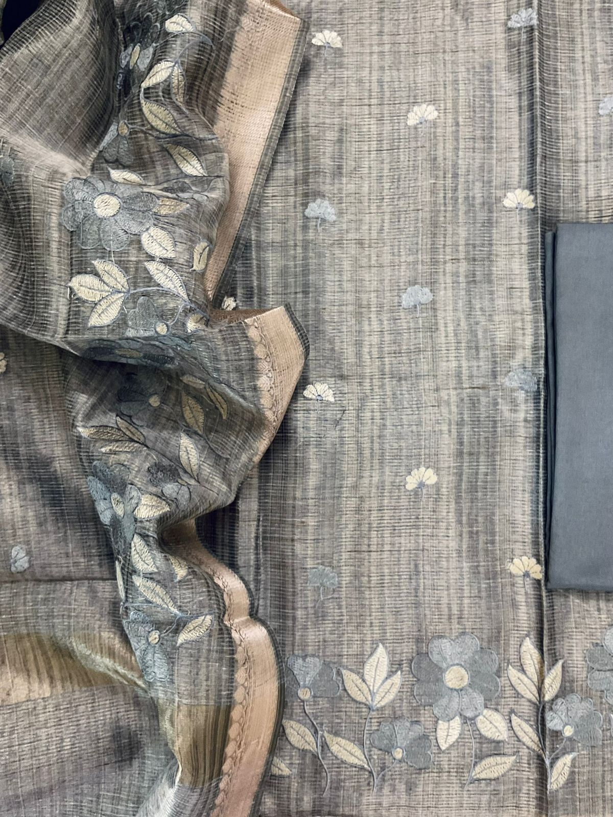Soft Tissue Raw Silk Embroidered Suit - Grey