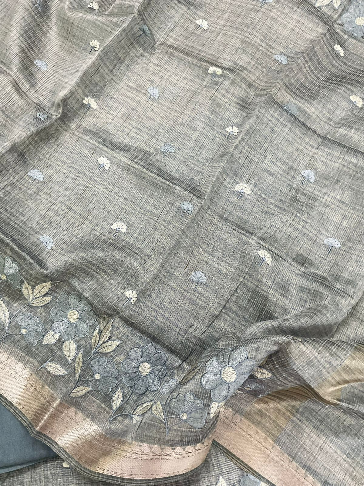 Soft Tissue Raw Silk Embroidered Suit - Grey