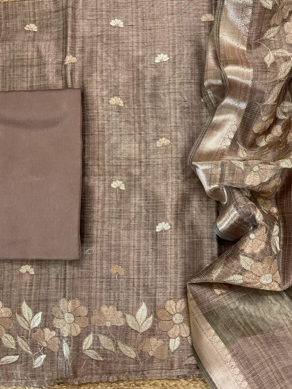 Soft Tissue Raw Silk Embroidered Suit - Brown
