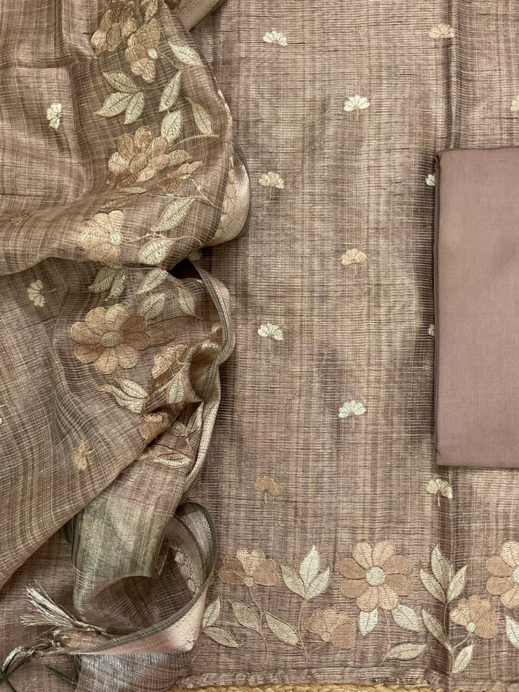 Image of Soft Tissue Raw Silk Embroidered Suit - Brown