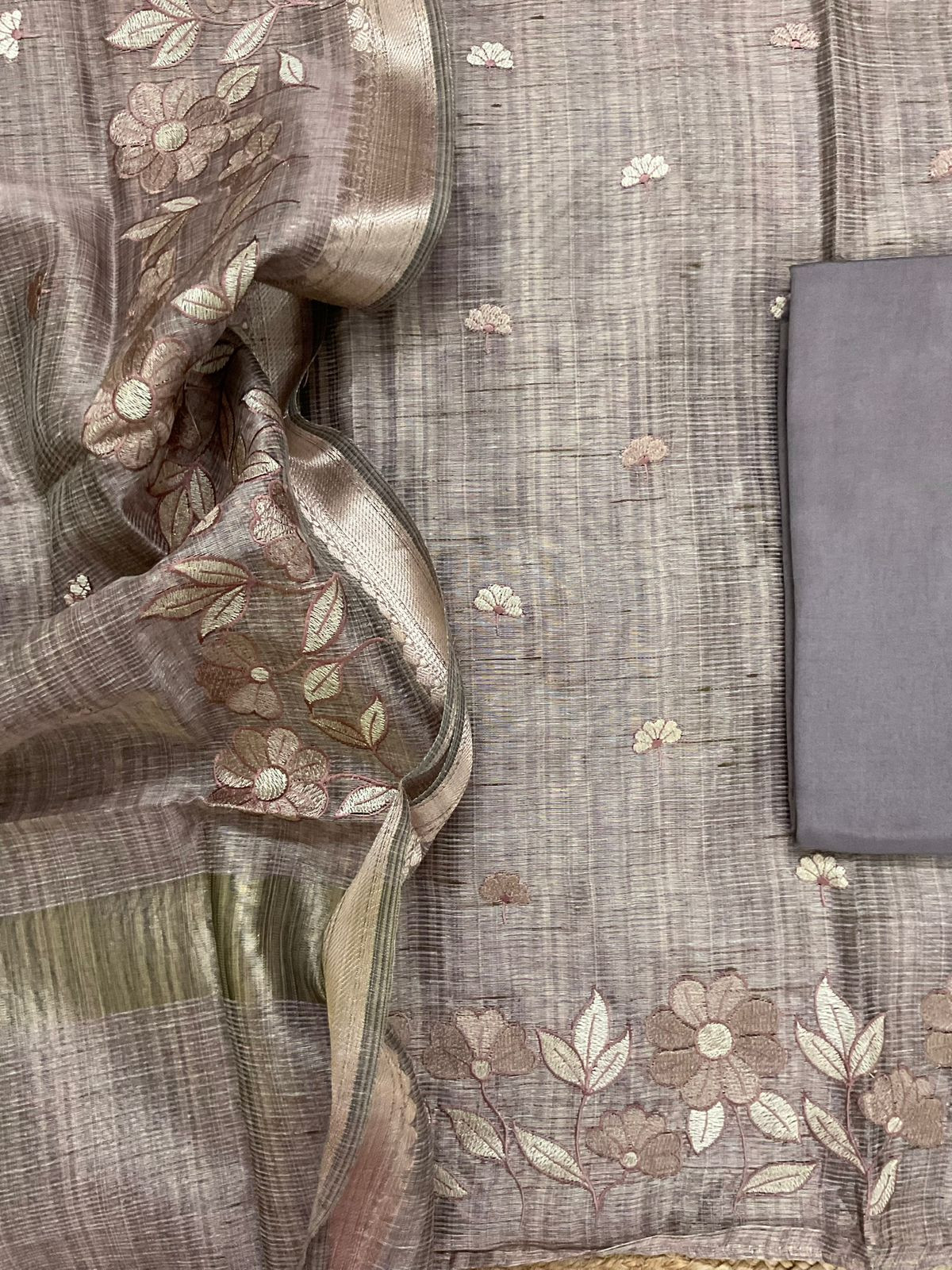 Soft Tissue Raw Silk Embroidered Suit - Mauve