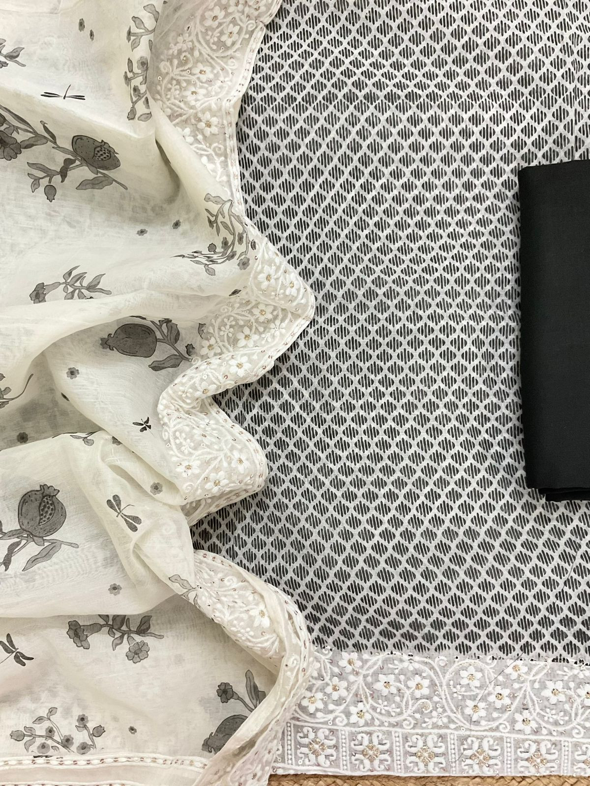 Pure Chanderi Printed Embroidered Suit - Black