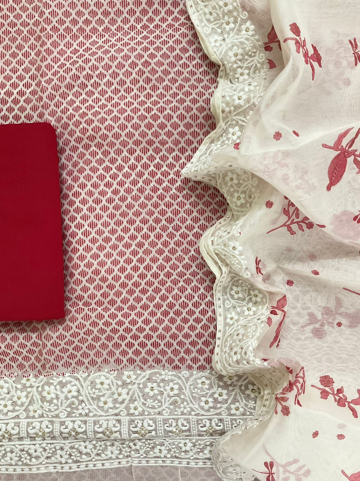 Pure Chanderi Printed Embroidered Suit - Red