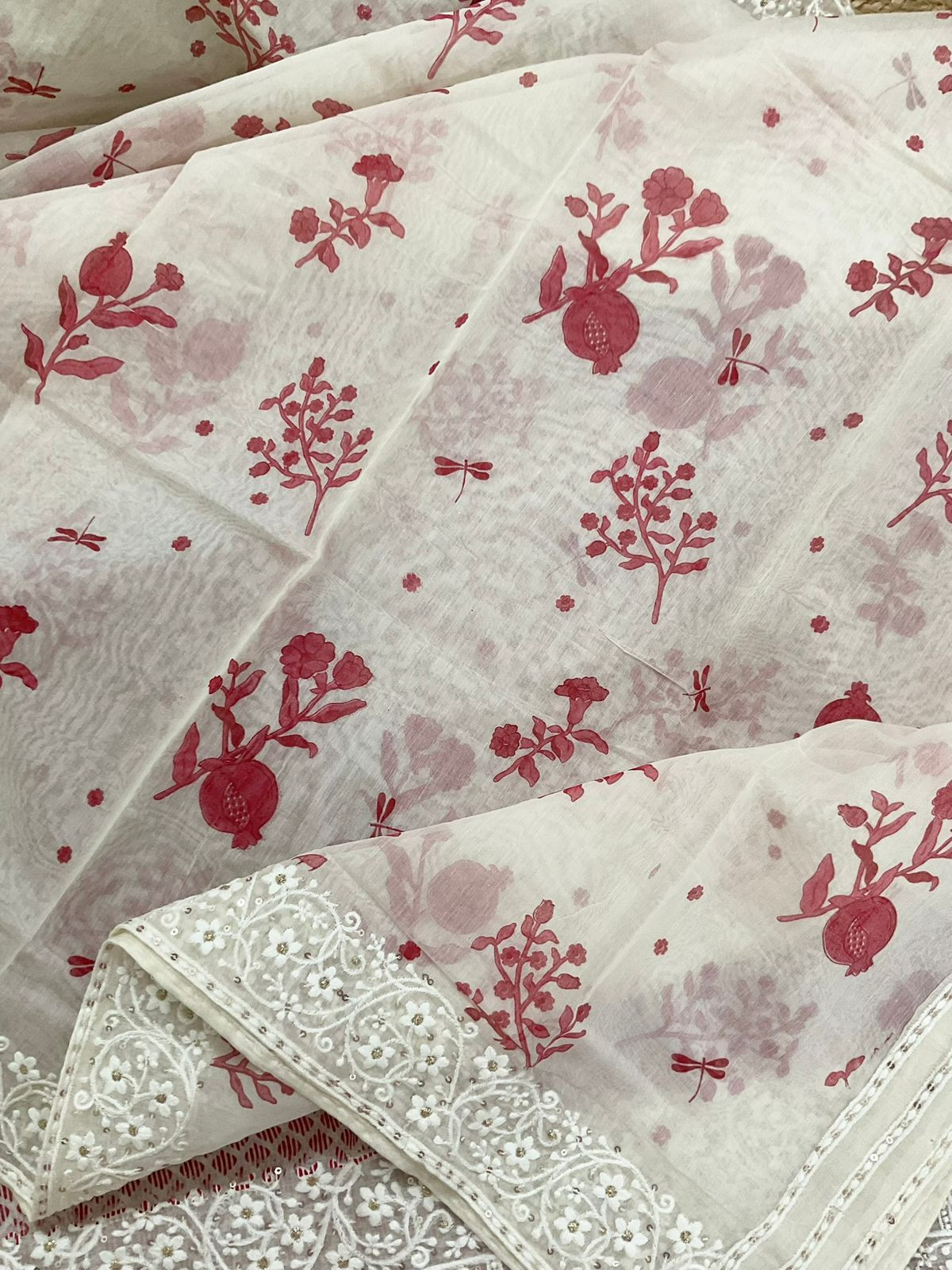 Pure Chanderi Printed Embroidered Suit - Red