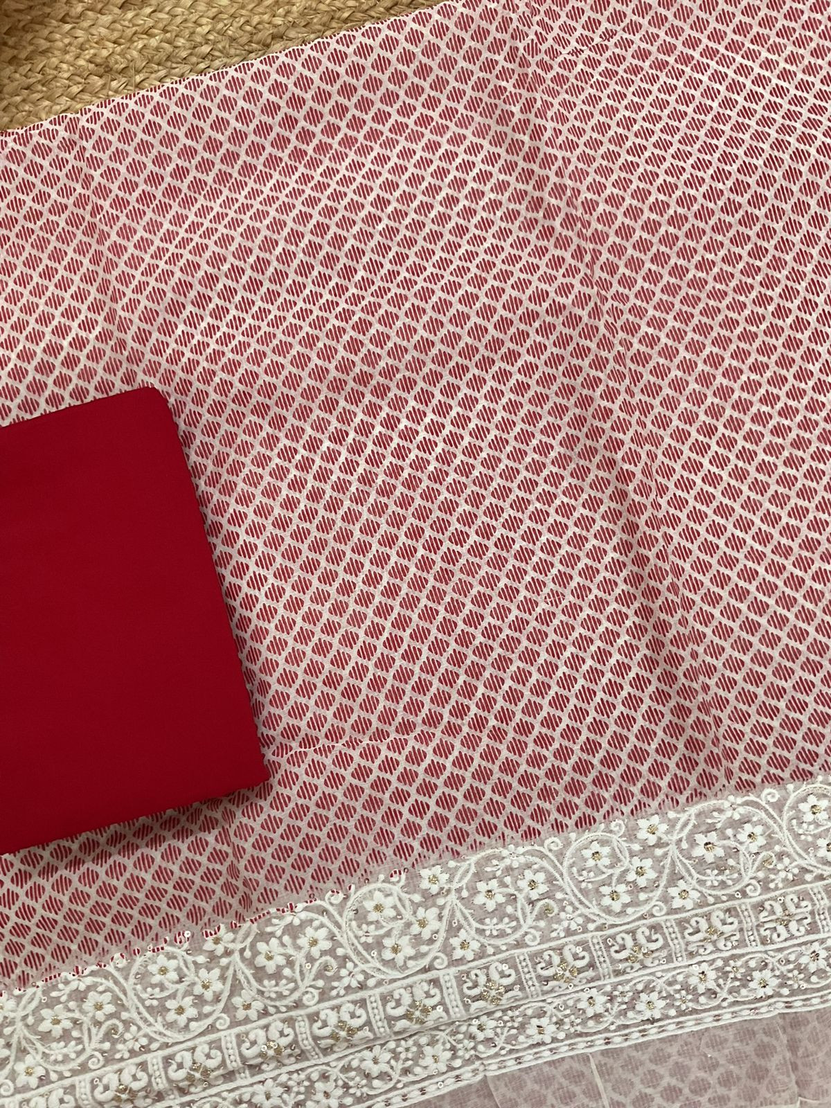 Pure Chanderi Printed Embroidered Suit - Red