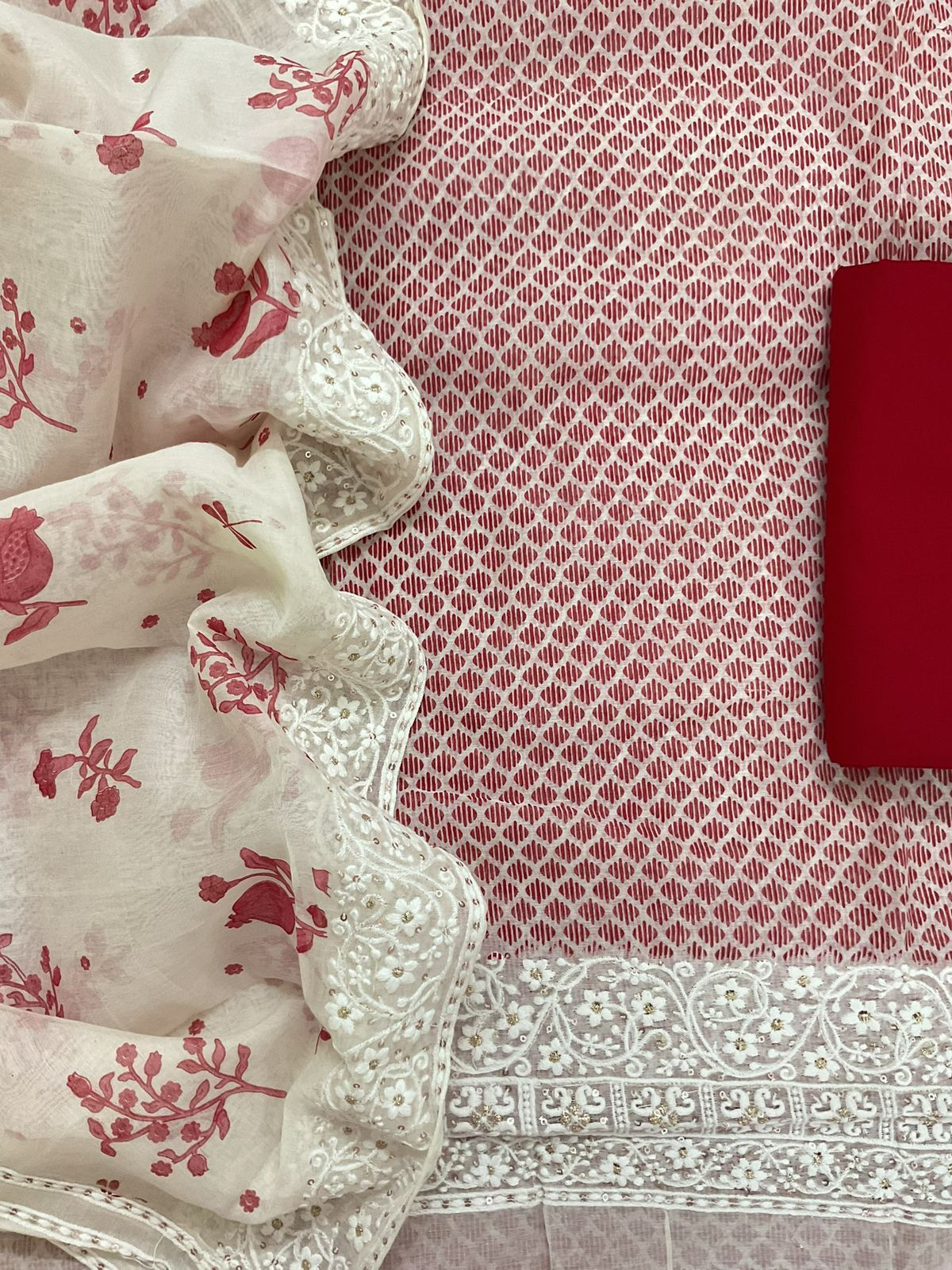 Pure Chanderi Printed Embroidered Suit - Red