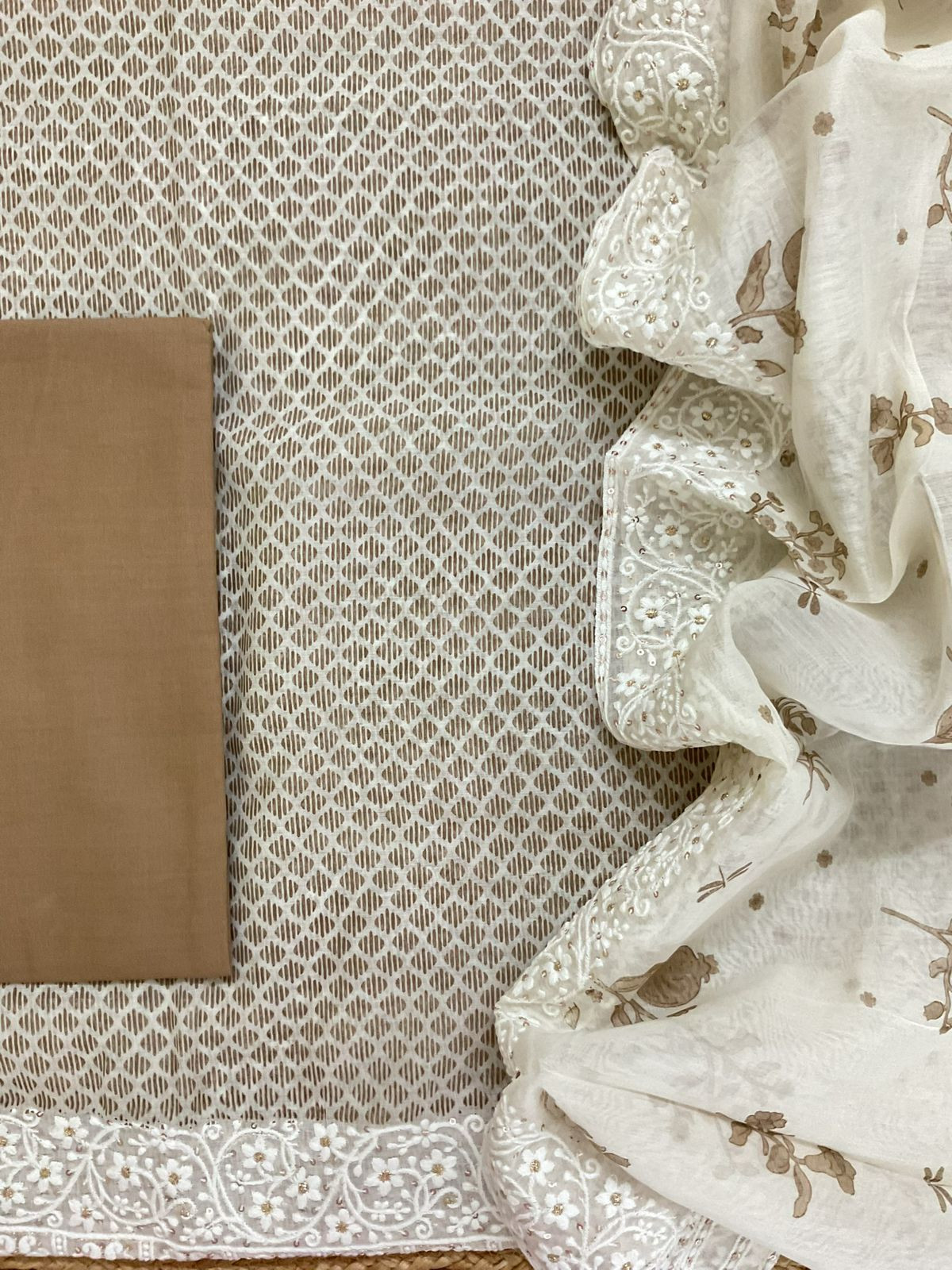 Pure Chanderi Printed Embroidered Suit - Brown